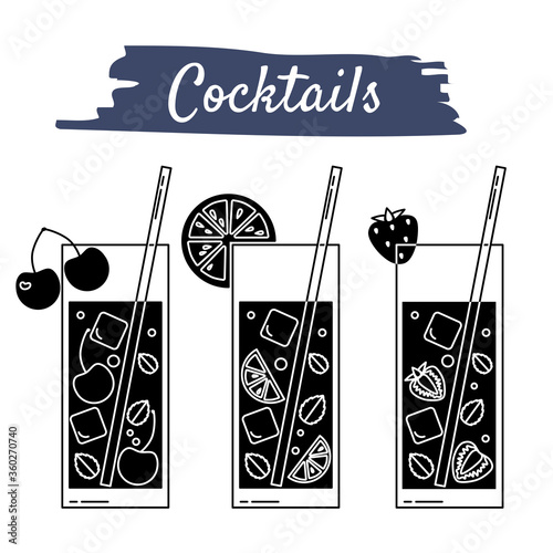 Obraz na plátně Black and white vector illustration of cocktails in line art style with cherry, strawberry, lime, lemon, orange and grapefruit