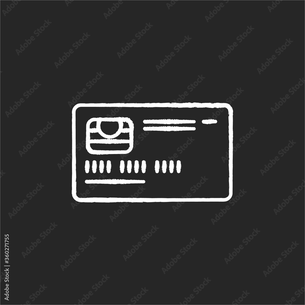 Credit card front chalk white icon on black background. Online payment. Deposit card with chip. Internet shopping. Cashless money transfer. Banking service. Isolated vector chalkboard illustration Credit card front chalk white icon on black background. Online payment. Deposit card with chip. Internet shopping. Cashless money transfer. Banking service. Isolated vector chalkboard illustration
