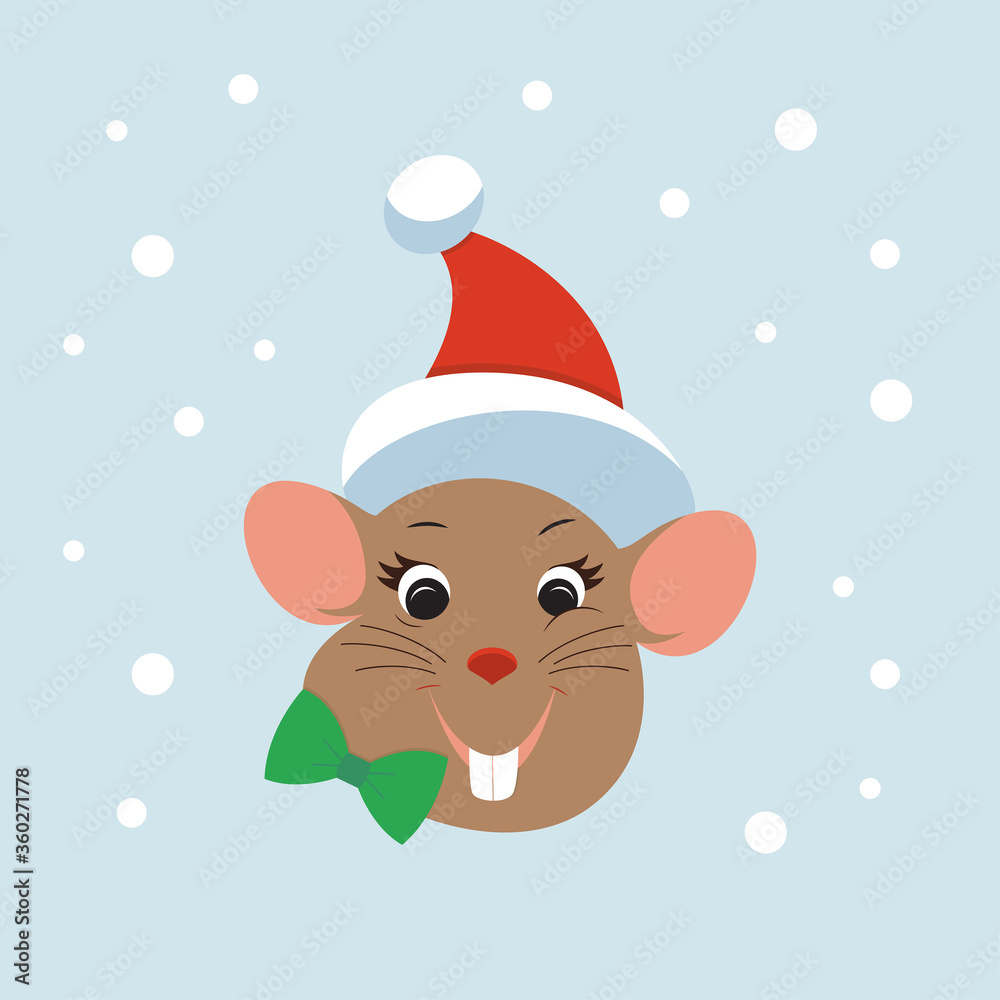 The happy rat with the red Christmas hat on the blue background. The happy rat with the red Christmas hat on the blue background.