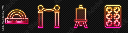 Set line Easel or painting art boards, Protractor, Exhibition of paintings and Watercolor paints in box. Glowing neon icon. Vector