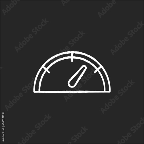 Speedometer chalk white icon on black background. Gas dial. Dashboard with pointer. Check internet performance. Measure velocity. Rating indication. Isolated vector chalkboard illustration