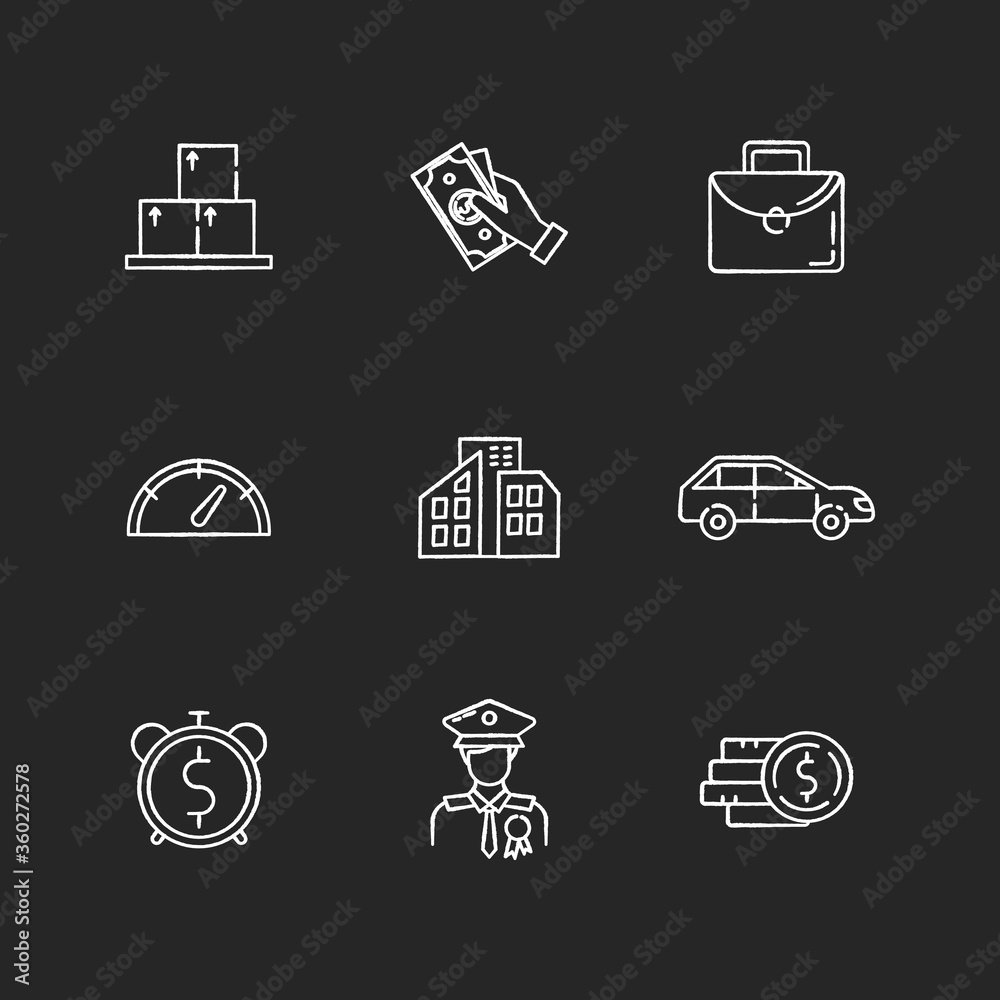 Fototapeta premium Loan money chalk white icons set on black background. Cash for business. Investment in real estate. Buy private property. Banking service. Payout for work. Isolated vector chalkboard illustrations