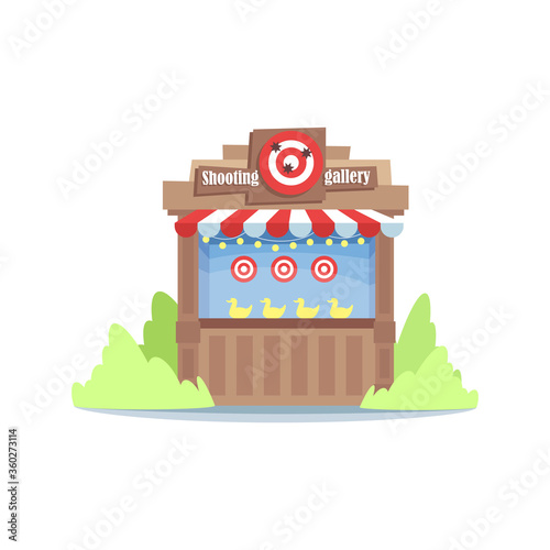 Shooting gallery semi flat RGB color vector illustration. Funfair entertainment stand isolated cartoon object on white background. Amusement, park, carnival attraction. Duck shooting game