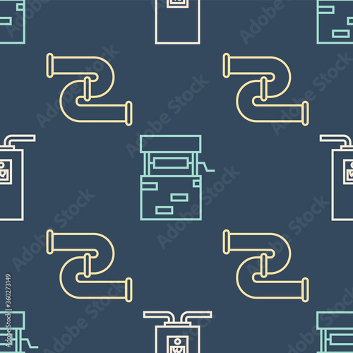 Set line Gas boiler with a burning fire, Industry metallic pipe and Well on seamless pattern. Vector