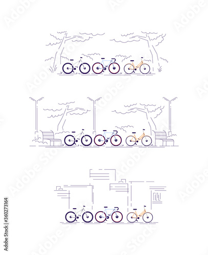 Bicycle ride semi flat RGB color vector illustrations set. Bikes in city and public park. Active outdoor recreation. Urban travel transport isolated cartoon objects pack on white background