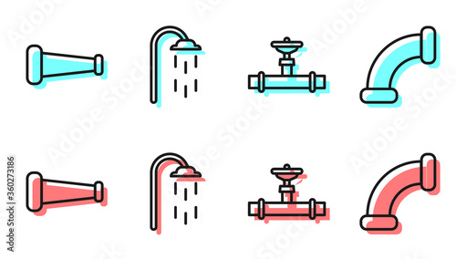 Set line Industry pipe and valve, Industry metallic pipe, Shower and Industry metallic pipe icon. Vector