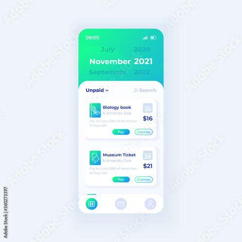 School fees payment app smartphone interface vector template. Mobile app page day mode design layout. Monthly payments management screen. Flat UI for application. Unpaid bills on phone display