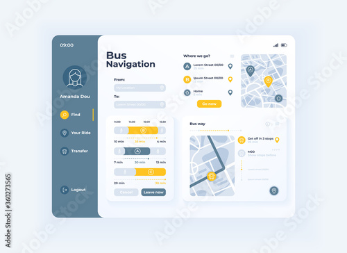 Bus navigation tablet interface vector template. Mobile app page light mode design layout. Passenger account menu screen. Flat UI for application. Maps with transport routes on portable device display