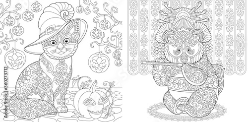 Coloring pages with Halloween cat and panda geisha