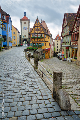 ROTHENBURG OB DER TAUBER  GERMANY - OCTOBER 18  2016  The Plonlein  Little Square  with the Siebers Tower on the left and Kobolzell Gate on the right  one of the most photographed spots in the world.