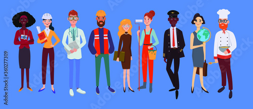 Group of people of different professions on a blue background. Vector illustration in a flat style. Labor day.