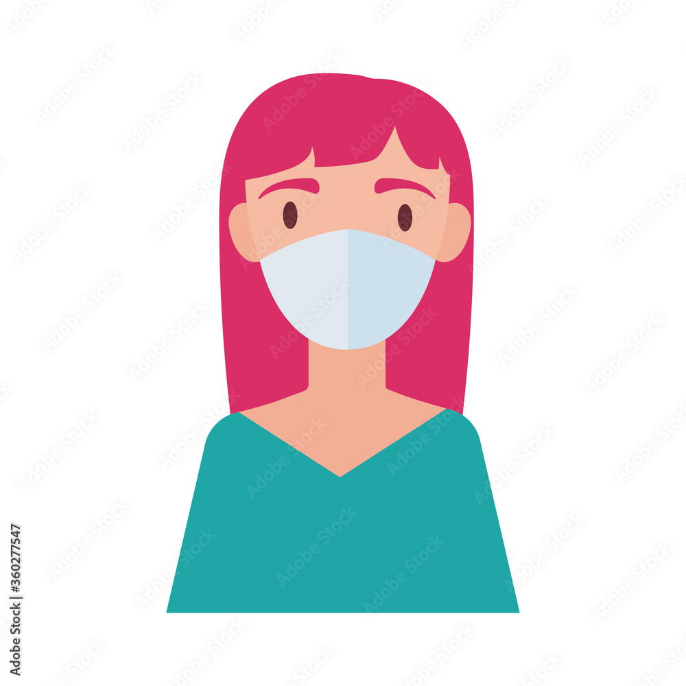 woman with hair pink wearing medical mask flat style