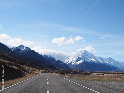 View of the impressive Aoraki Mount Cook from the road, taken during winter in New Zealand