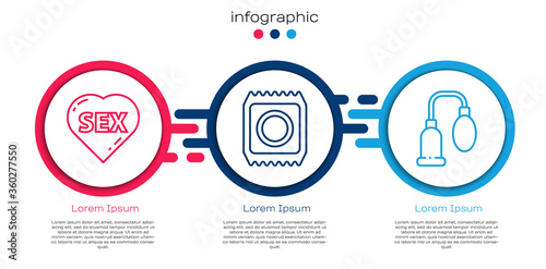 Set line Heart with text Sex, Condom in package safe sex and Penis pump. Business infographic template. Vector