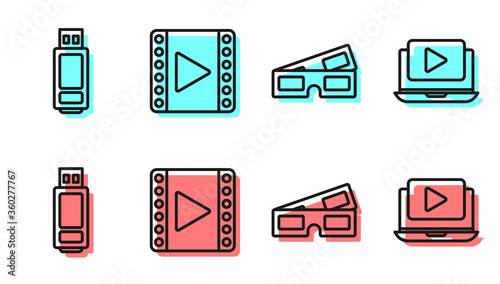 Set line 3D cinema glasses, USB flash drive, Play Video and Online play video icon. Vector