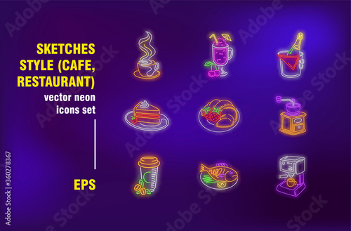 Food and drink neon signs set. Restaurant meal, coffee shop, alcohol, dessert, main course. Night bright advertising. Vector illustration in neon style for banner, poster, cafe menu design