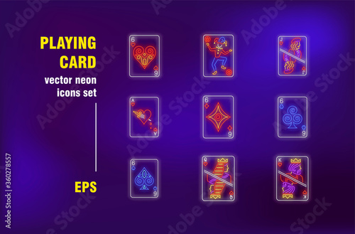 Playing card neon signs set. Joker, ace, gambling, poker, game. Night bright advertising. Vector illustration in neon style for casino banner, poster, poker club flyer design