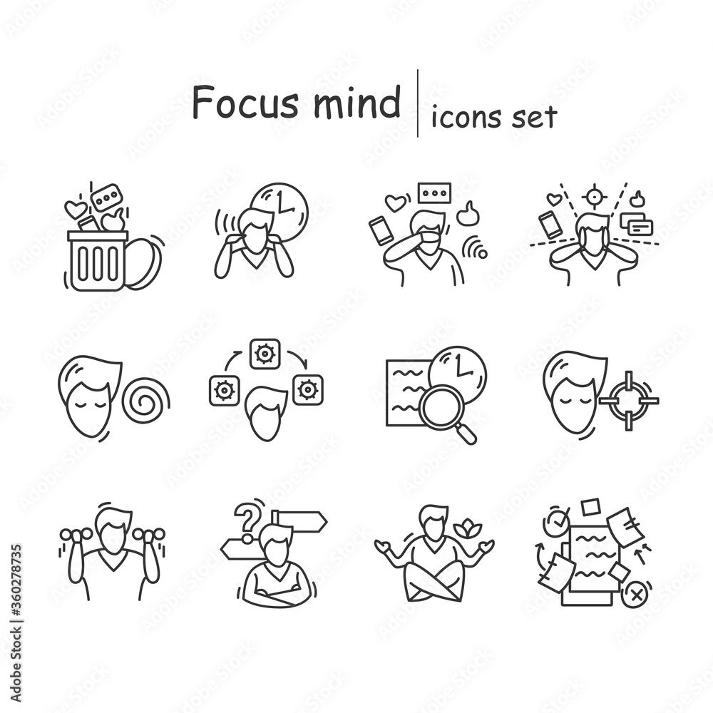 Focus mind icon set. line illustration pictograms for attention management, task and goal setting, mindfulness exercise, decision making and digital information detox. Editable stroke vector