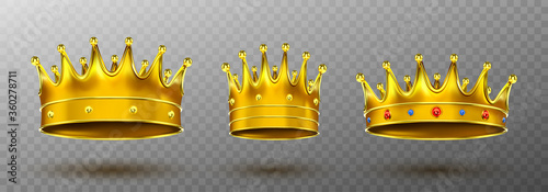 Golden crowns for king or queen Crowning headdress for Monarch. Royal gold monarchy medieval coronation symbol, imperial sign isolated on transparent background. Realistic 3d vector illustration, set