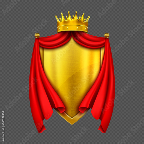 Coat of arms with golden monarch crown, shield and red folded cloth or cape, heraldic royal emblem isolated on transparent background. Medieval gold king emperor sign. Realistic 3d vector illustration