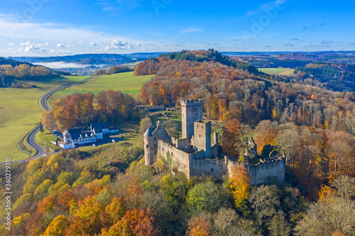 Aerial view on Kasselburg castle, Gerolstein, Eifel, Rhineland-Palatinate, Germany photo