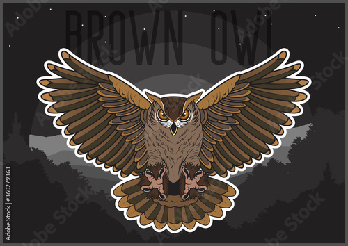 Flying Brown Owl, Night Landscape Background Vector Illustration 