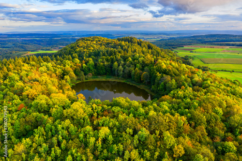 Aerial view on Windsborn volcanic crater lake, Eifel, Rhineland-Palatinate, Germany