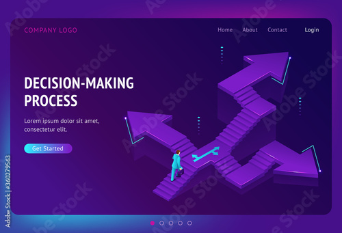 Decision making process banner. Concept of choose right way in business, job or life. Vector landing page with isometric illustration of man on stairs with different directions