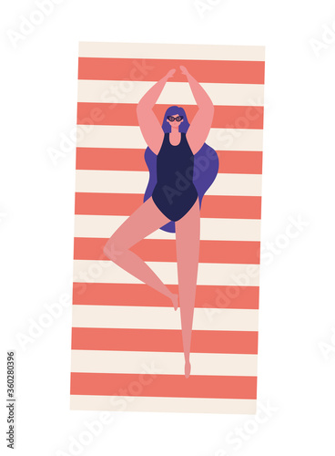 Girl cartoon with swimsuit and glasses on towel design, Summer vacation tropical relaxation outdoor nature tourism relax lifestyle and paradise theme Vector illustration