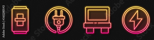 Set line Fuse, Electric light switch, Electric plug and Lightning bolt. Glowing neon icon. Vector