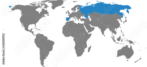 Spain  Russia countries isolated on world map. Gray background. Business concepts  diplomatic  trade and transport relations.