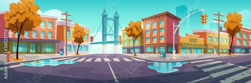 City street with crossroad in autumn, empty transport intersection with zebra crossing, puddles and fallen leaves. Urban architecture, infrastructure, megapolis with trees. Cartoon vector illustration