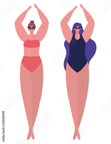 Girls cartoons with swimsuits and glasses design, Summer vacation tropical relaxation outdoor nature tourism relax lifestyle and paradise theme Vector illustration