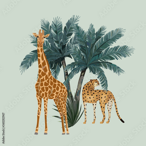 Animal pattern with leopard, giraffe and palm trees. Vector illustration. Vintage print