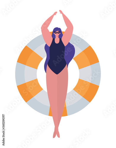 Girl cartoon with swimsuit and glasses on float design, Summer vacation tropical relaxation outdoor nature tourism relax lifestyle and paradise theme Vector illustration