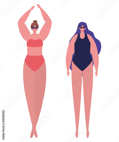 Girls cartoons with swimsuits and glasses design, Summer vacation tropical relaxation outdoor nature tourism relax lifestyle and paradise theme Vector illustration