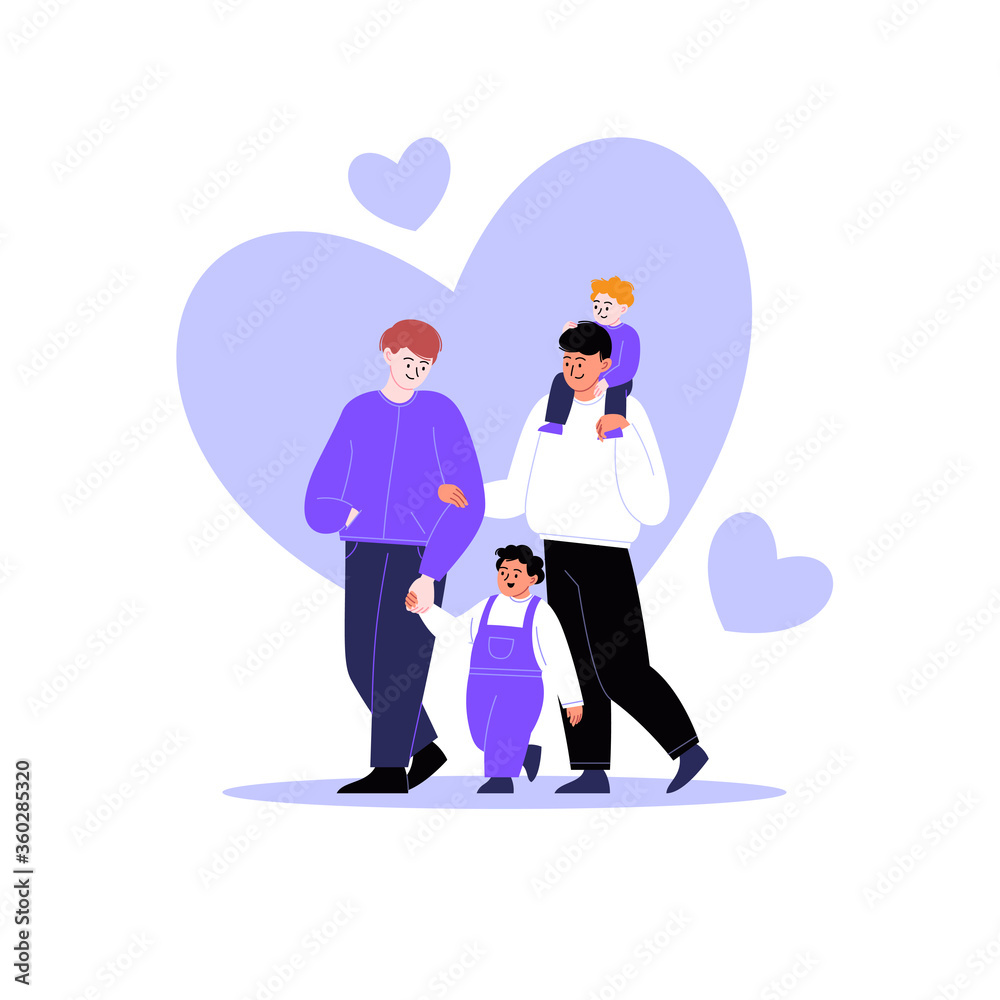 Flat illustration of a queer family. Gay couple walking with kids. Hearts on the background. Pride month concept