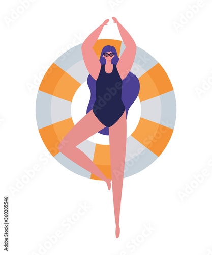 Girl cartoon with swimsuit and glasses on float design, Summer vacation tropical relaxation outdoor nature tourism relax lifestyle and paradise theme Vector illustration