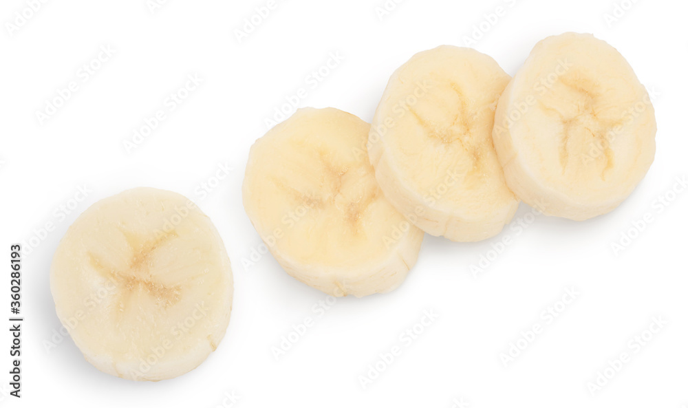 peeled banana pieces isolated on white background with clipping path and full depth of field. Top view. Flat lay. peeled banana pieces isolated on white background with clipping path and full depth of field. Top view. Flat lay.