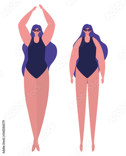 Girls cartoons with swimsuits and glasses design, Summer vacation tropical relaxation outdoor nature tourism relax lifestyle and paradise theme Vector illustration