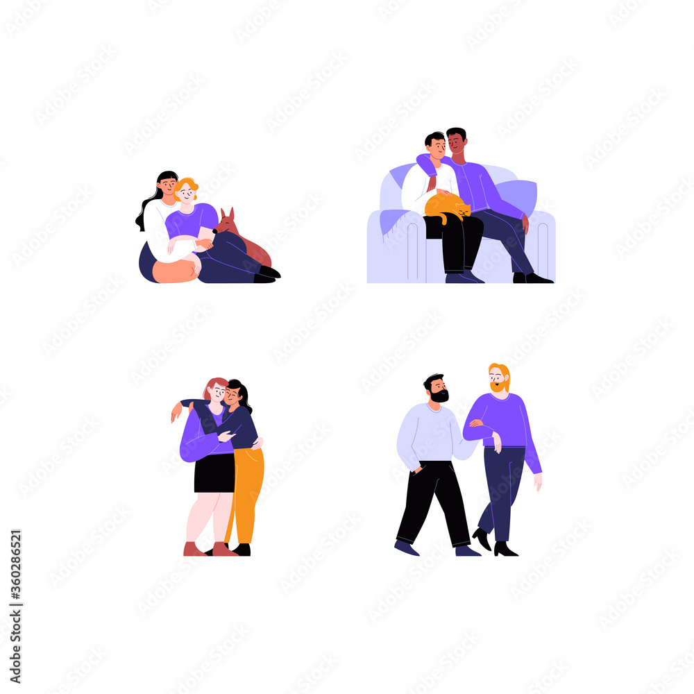 Collection of flat illustrations of different queer couples and families with and without kids. Pride month concept Collection of flat illustrations of different queer couples and families with and without kids. Pride month concept