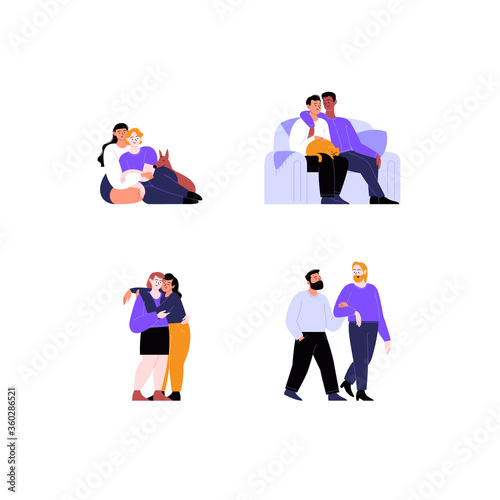 Collection of flat illustrations of different queer couples and families with and without kids. Pride month concept