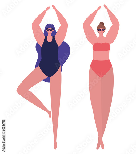 Girls cartoons with swimsuits and glasses design, Summer vacation tropical relaxation outdoor nature tourism relax lifestyle and paradise theme Vector illustration