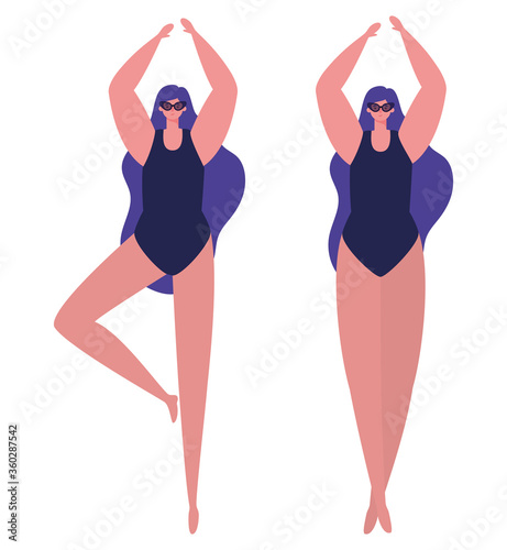 Girls cartoons with swimsuits and glasses design, Summer vacation tropical relaxation outdoor nature tourism relax lifestyle and paradise theme Vector illustration