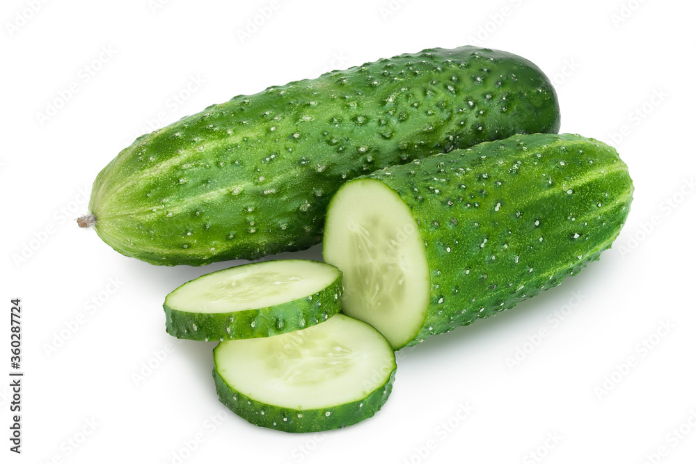 Sliced cucumber isolated on white background with clipping path and full depth of field, Sliced cucumber isolated on white background with clipping path and full depth of field,