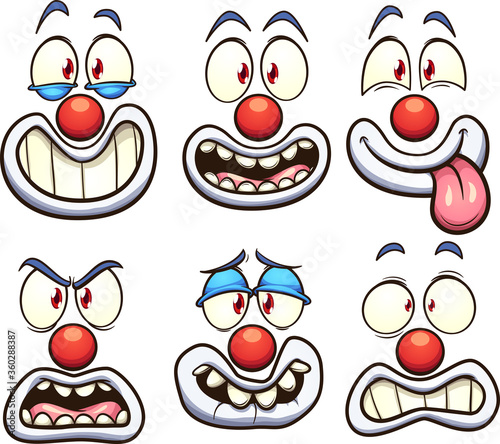 Cartoon clown face with different expressions. Vector clip art illustration with simple gradients. Some elements on separate layers.
