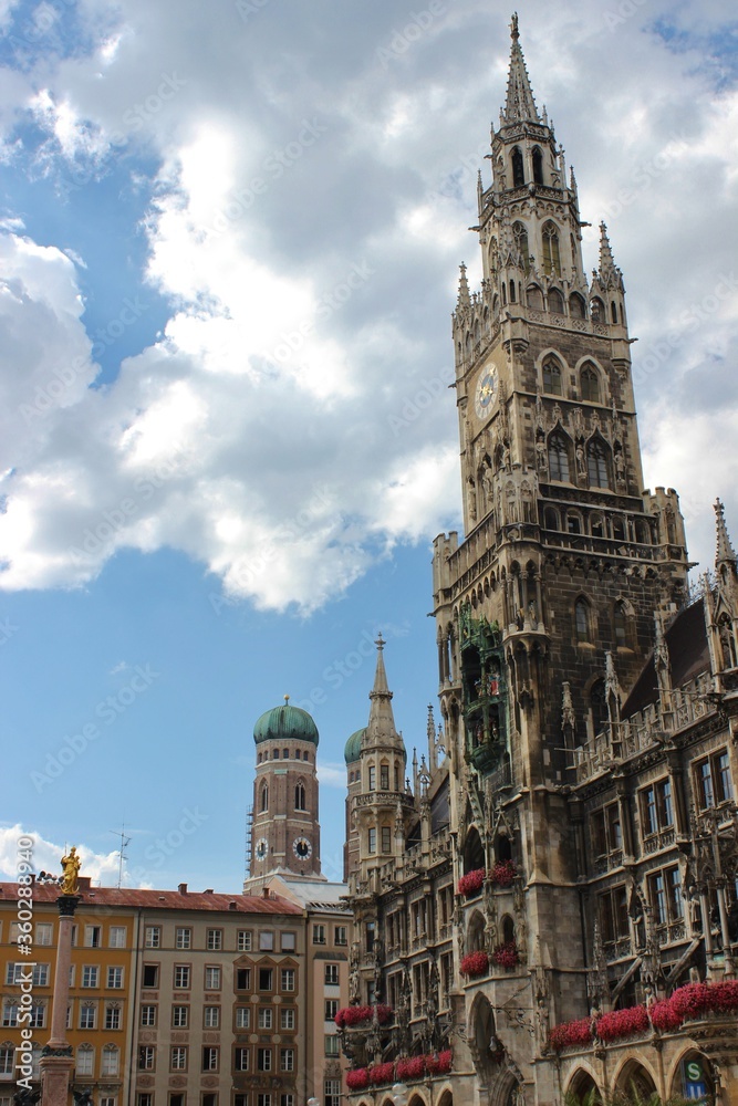 View on the main town hall with clock tower on Marien Square or Marienplatz in Munich