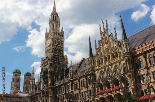 View on the main town hall with clock tower on Marien Square or Marienplatz in Munich