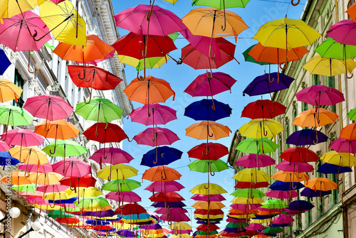 image of artistic installation of umbrellas in Timisoara