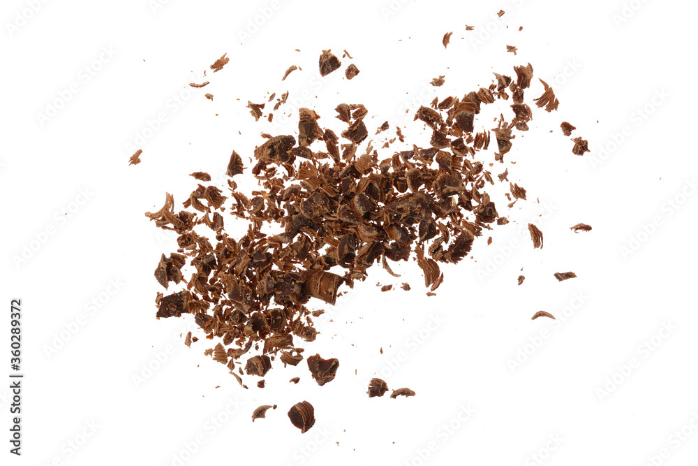 grated chocolate isolated on white background. Top view grated chocolate isolated on white background. Top view